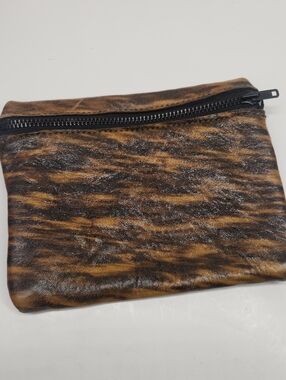 Leather Tiger Stripe Cosmetic Pouch in Brown and Black
